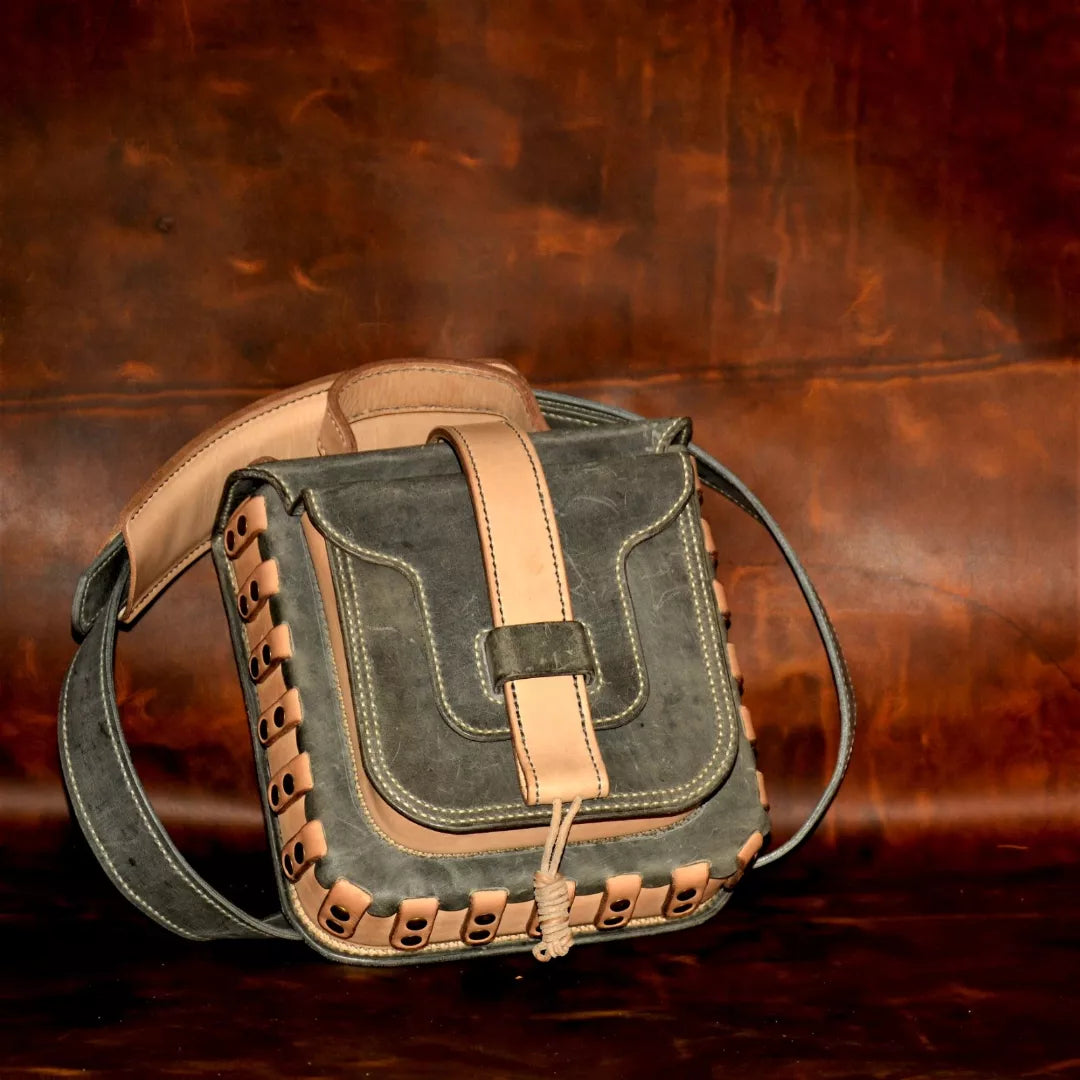 Braided-Edge Khaki Leather Shoulder Bag