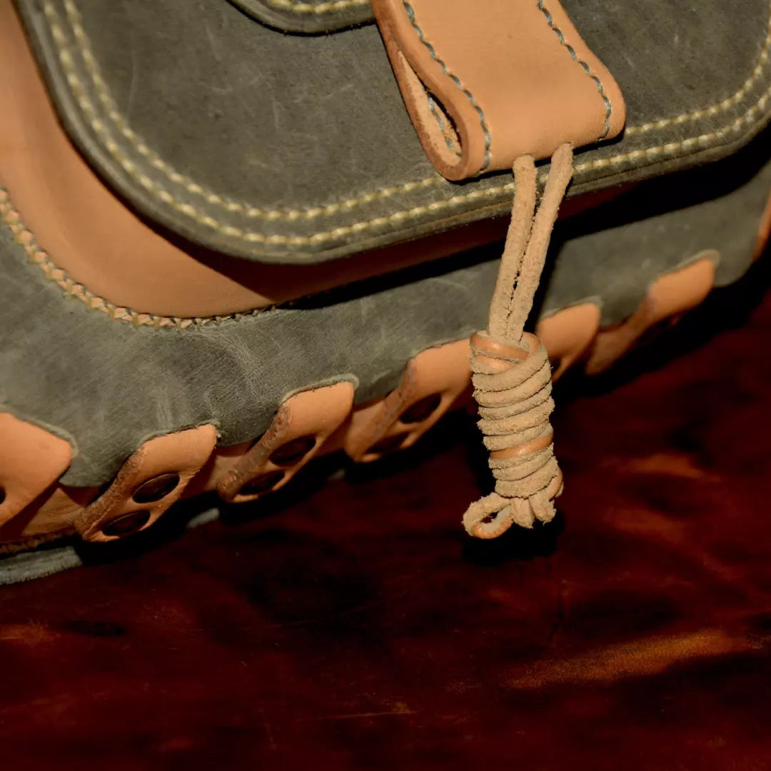 Braided-Edge Khaki Leather Shoulder Bag