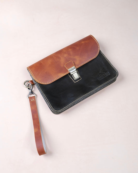 Bileklikli Siyah Deri Clutch — Dabi Deri el yapımı